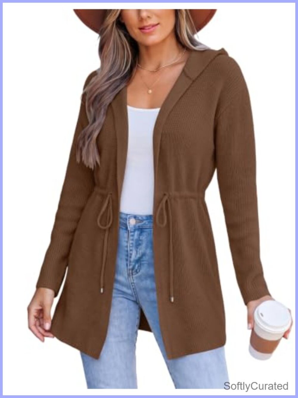 Women's Hooded Cable Knit Cardigan Sweater Drawstring Waist